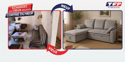 Before and after sofa exchange transformation from old sofa set to modern L-shaped sofa in Mauritius