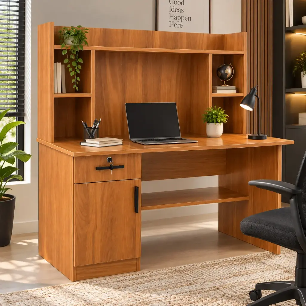  OFFICE TABLE HALIFAX 1 PT +1 TIR+2 SIDE SHELVES REF HL33(LIGHT BROWN)