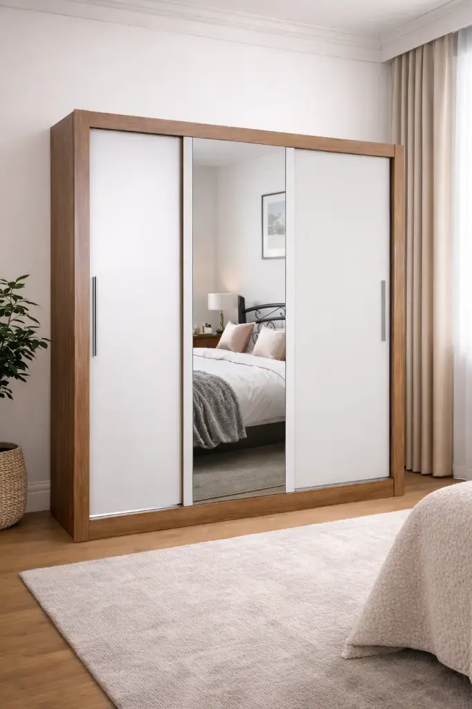 ARMOIRE SANTIAGO (2PC) SLIDING 3PTS SPACE FOR 2 DRAWERS + 1 MIRROR HONEY/OFF/CACAO