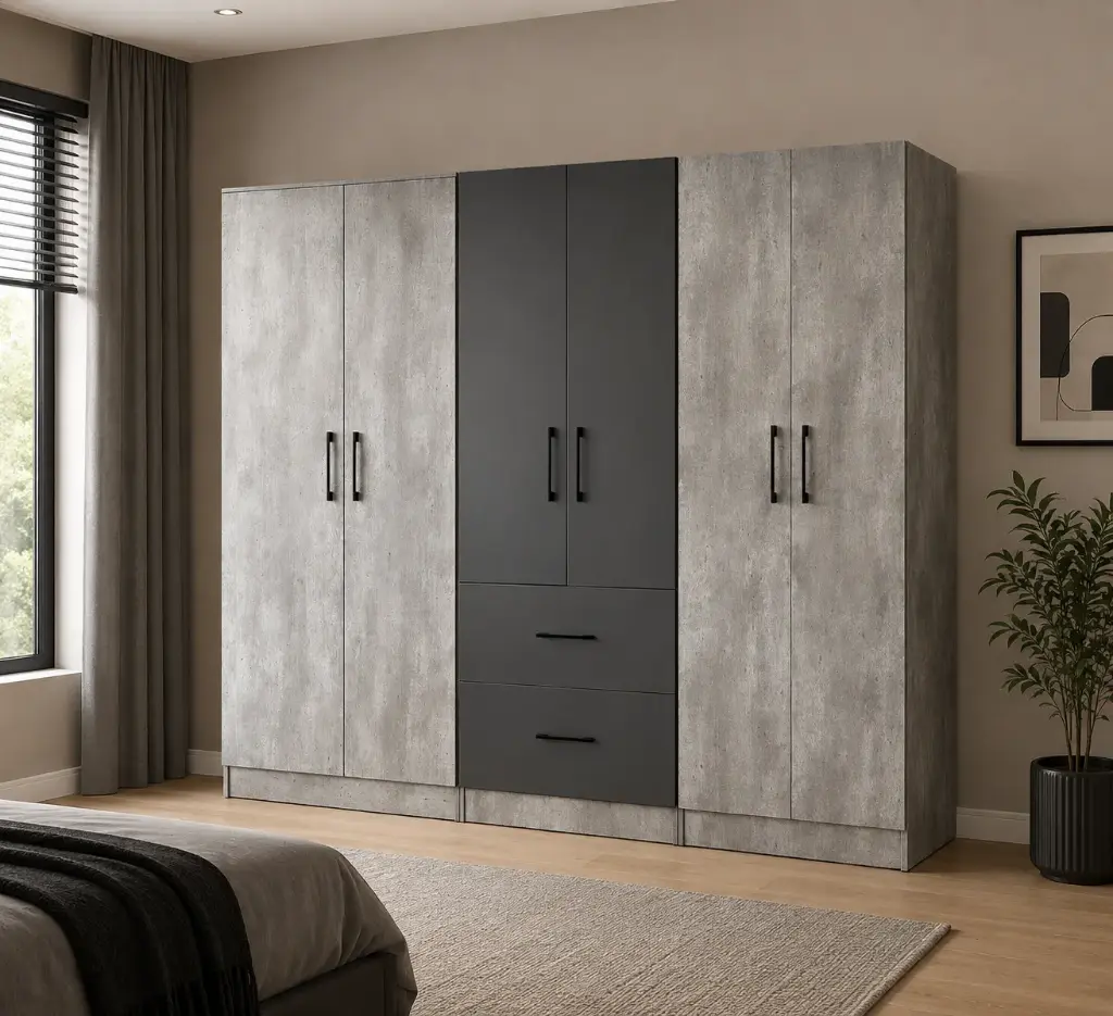 ARMOIRE NANCY 6 PTS GREY TABLETTE/PENDERIE DRAWERS