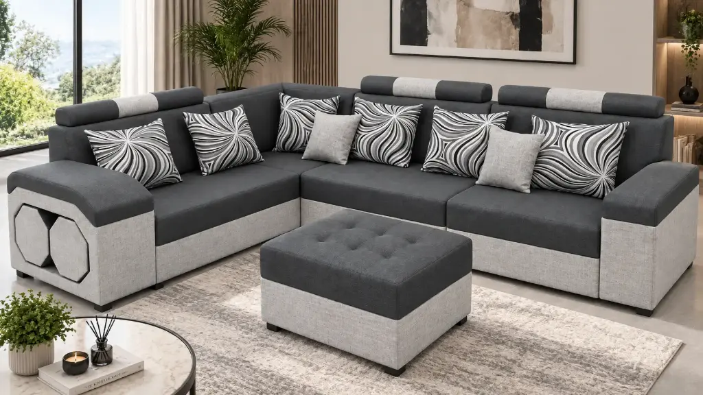 SOFA ALBERTA L SHAPE BED+4 POUFF+6BIG/2SMALL CUSHIONS GREY