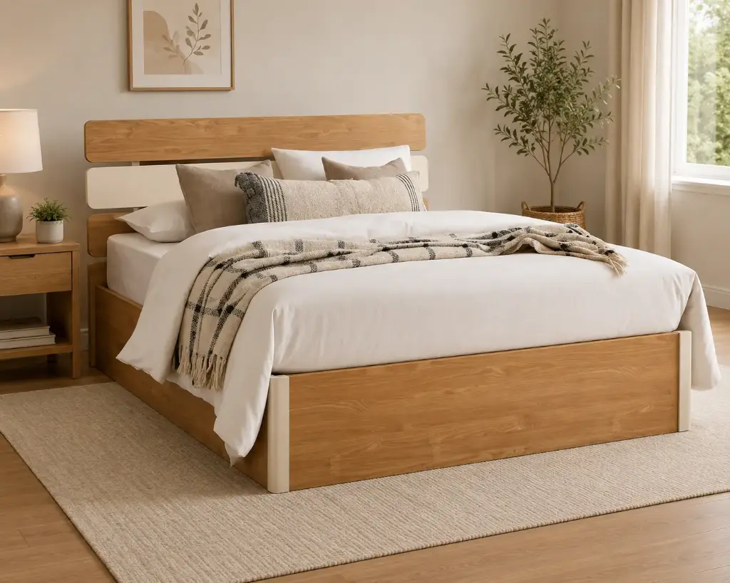 BED ESSINGTON REF DZ-19 5'0 WITH SLATS - 1.50 X 1.90M NEW BURLY WOOD / BEIGE MAT