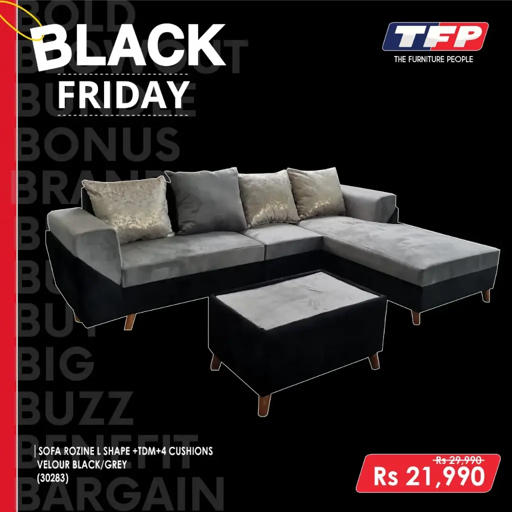 SOFA ROZINE L SHAPE  +TDM+4 CUSHIONS VELOUR BLACK/GREY