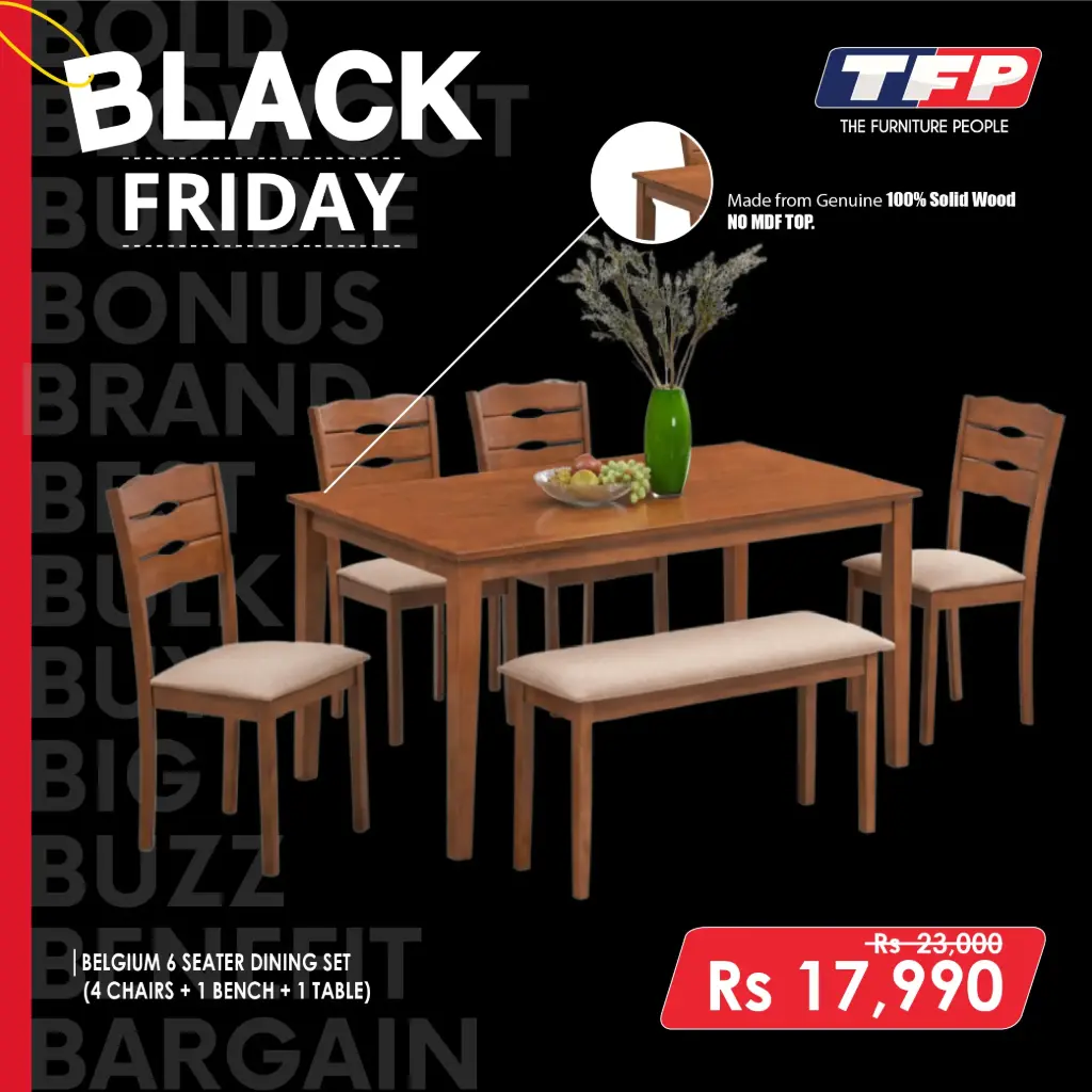 BELGIUM 6 SEATER DINING SET (4 CHAIRS + 1 BENCH + 1 TABLE)