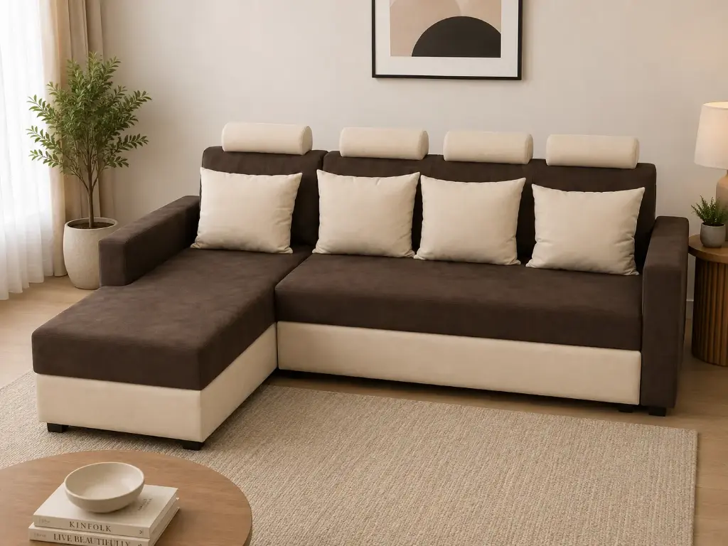 SOFA BED DELFINO L SHAPE WITH BED LIGHT BROWN