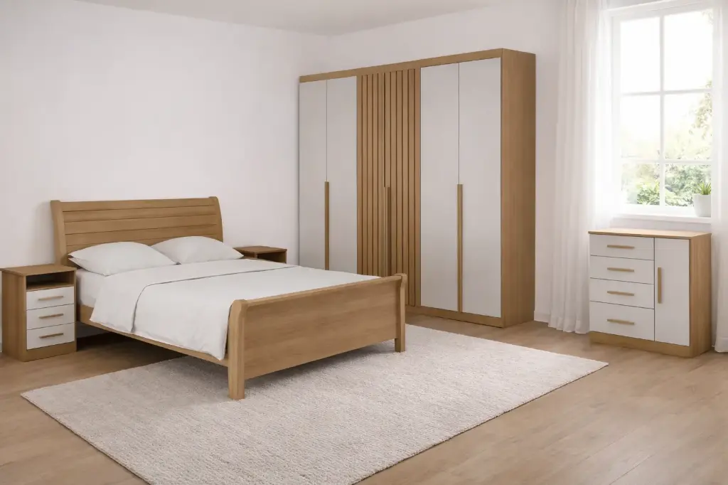Bedroom Set: Wardrobe Siena 31756 + Bed 5'0 Siena 31759 + Side Table Malibu 31753 + Chest of Drawers Zeus 31755