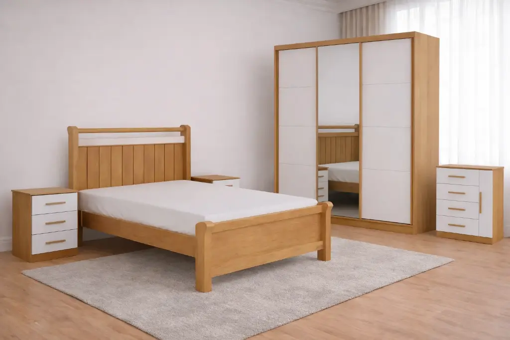 Bedroom Set: Wardrobe Capri 31754 + Bed Zara 6'0 31757 + Side Table 31753 + Chest of Drawers 31755