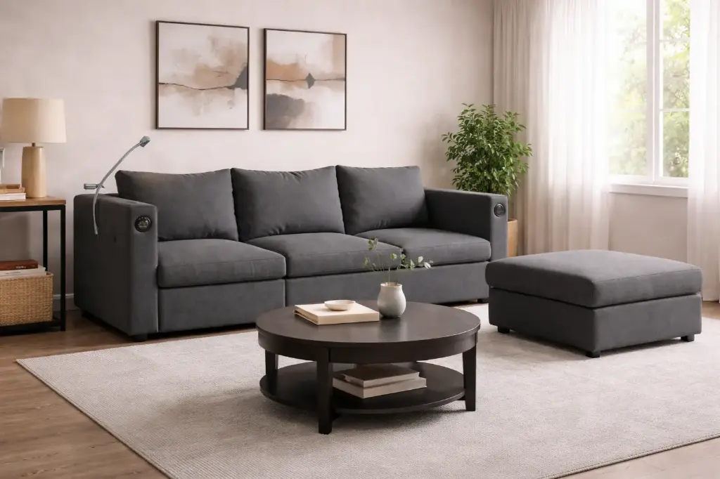 SOFA CHELSEA 3 SEATER  WITH POUFF GREY AND ACCESSORIES (PHONE HOLDER, SPEAKER, WIRELESS CHARGER, USB CHARGER)