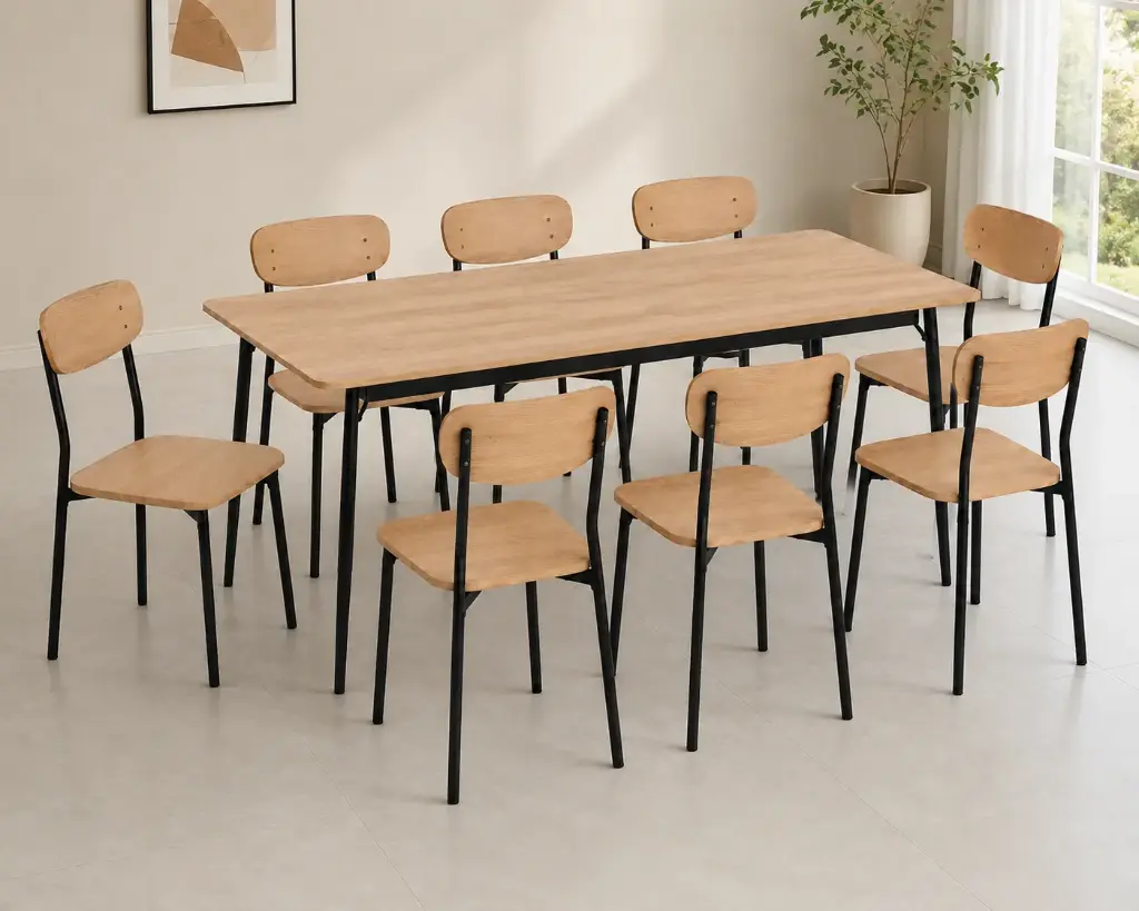 DINING SET IDAHO REF LY-N1396 8 PLACES + 8 CHAISES (2PCS) MDF VENEER FABRICS BEIGE