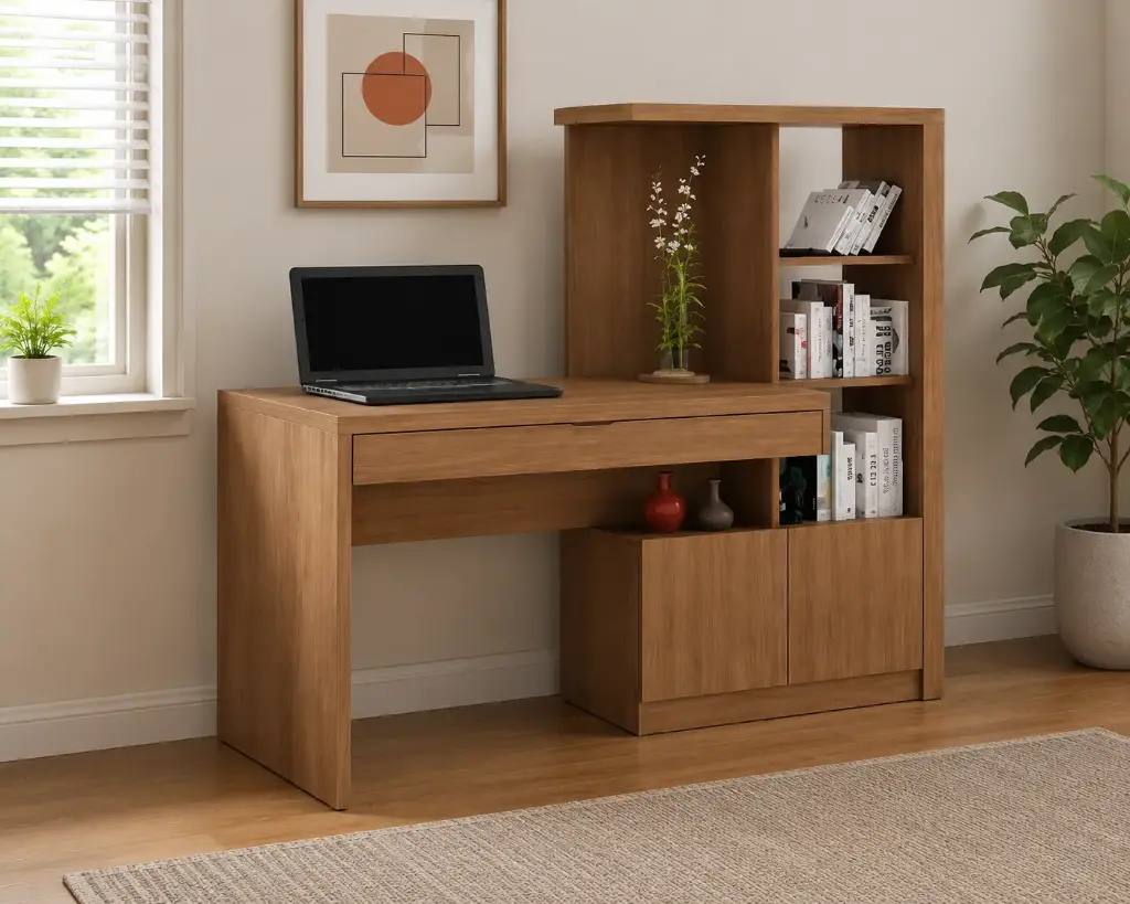 OFFICE TABLE STEEN REF ME4143 2 PTS WITH SHELVES ALMOND