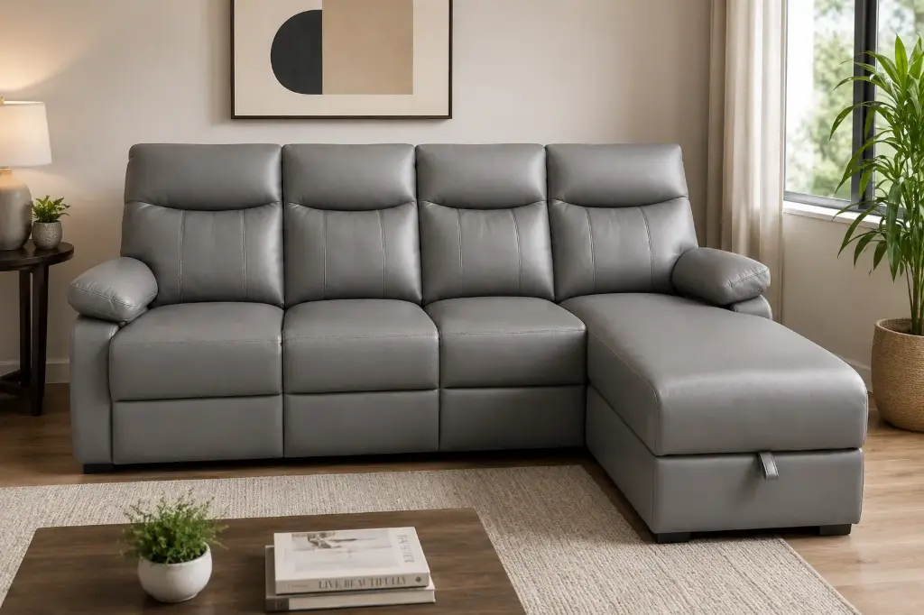SOFA HEIDEN REF 8566# LEFT WITH 3 RECLINERS + CHAISE WITH STORAGE HP032-07A GREY PU