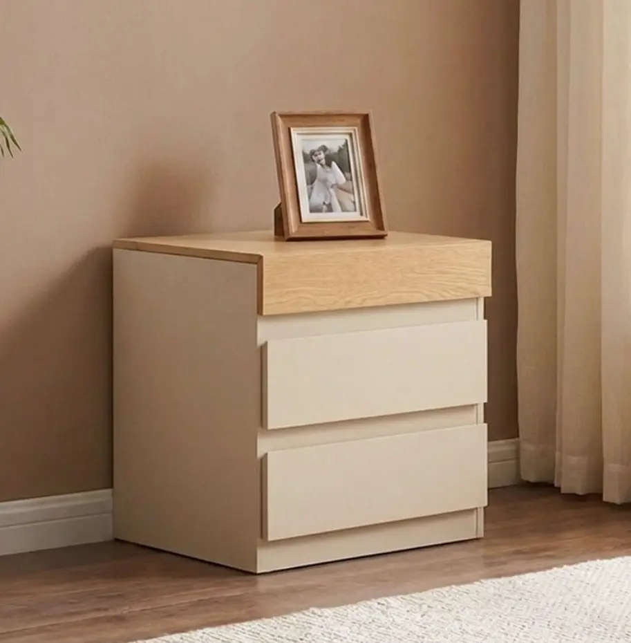 TABLE DE NUIT BELLANO REF BEL15-33 2 DRWS WITH HIDDEN STORAGE, USB + TYPE C PORTS TAUPE HIGH GLOSS / OAK