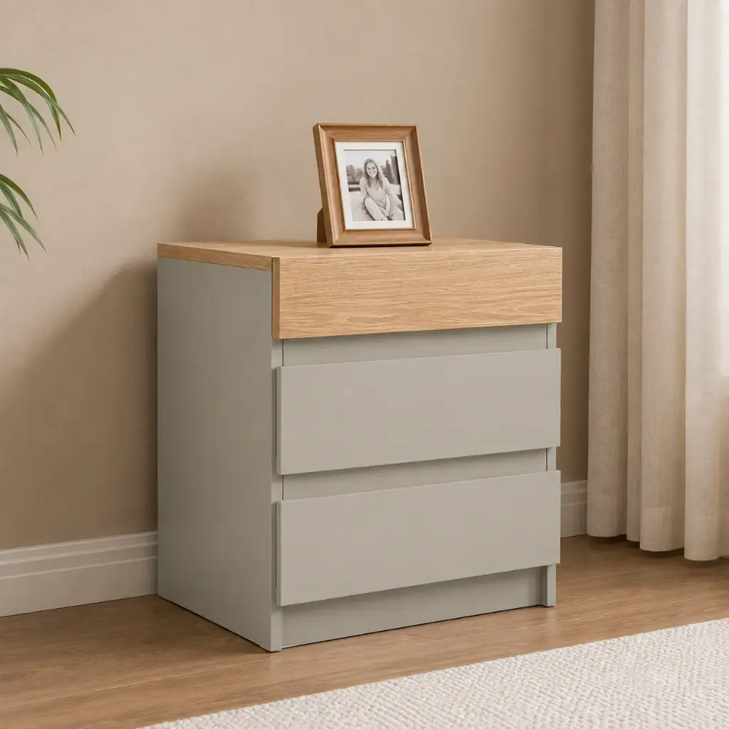TABLE DE NUIT BELLANO REF BEL15-33 2 DRWS WITH HIDDEN STORAGE, USB + TYPE C PORTS TAUPE HIGH GLOSS / OAK