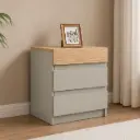 TABLE DE NUIT BELLANO REF BEL15-33 2 DRWS WITH HIDDEN STORAGE, USB + TYPE C PORTS TAUPE HIGH GLOSS / OAK
