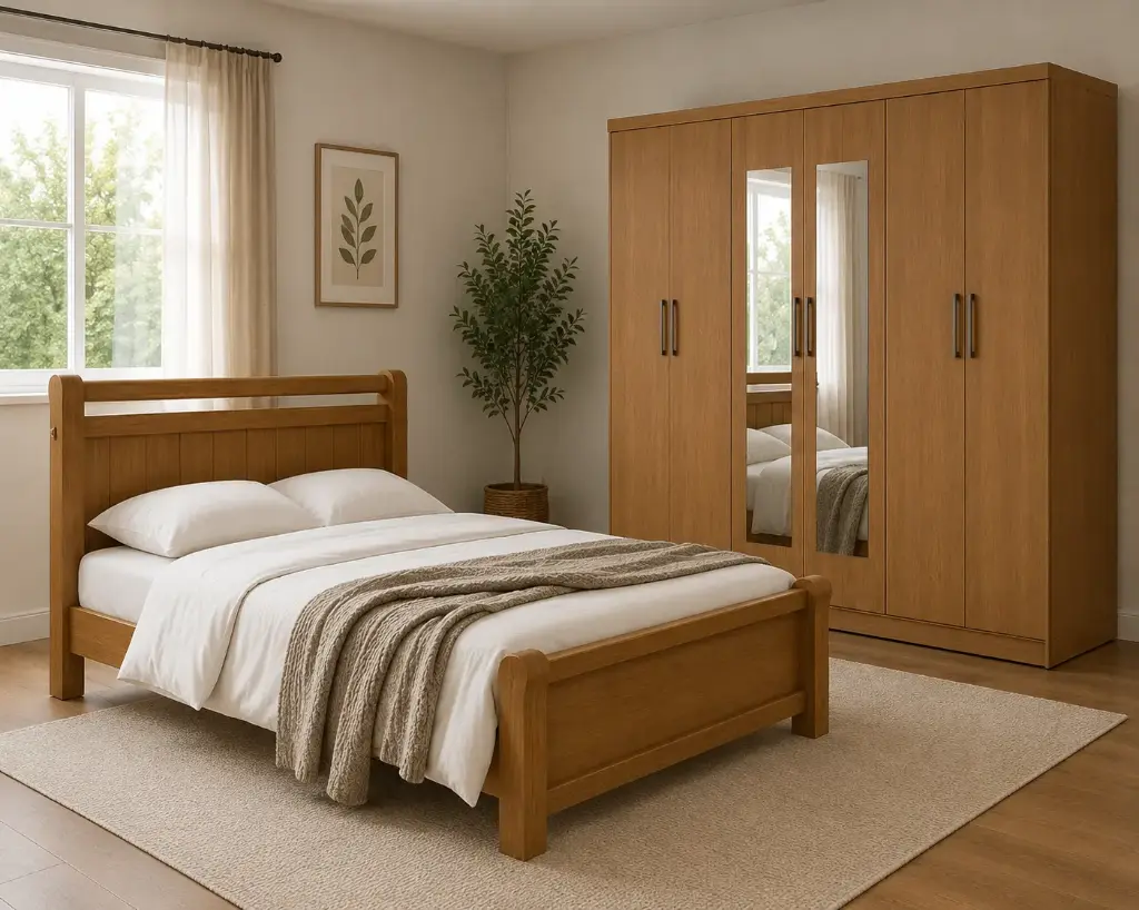 BEDROOM SET : ARMOIRE JAZZ 6 PTS + MIRROR ALMOND CLEAN + BED ZARA 5'0 NATURE + MATELAS POCKET SPRING 5'0 ORTHOPEDIC