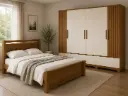 BEDROOM SET : BED ZARA  5'0 NATURE + ARMOIRE KAIAN 6PTS CINNAMON / OFF WHITE + MATELAS POCKET SPRING 5'0 ORTHOPEDIC