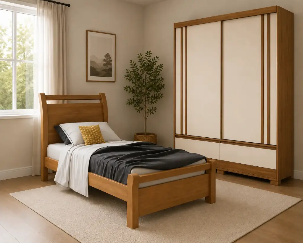 BEDROOM SET: BED REALI  3'0 ALMOND CLEAN + ARMOIRE SERRA SLIDING 2 PTS CINNAMON / OFF WHITE / HAZELNUT + MATELAS 3'0SEMI ORTHO