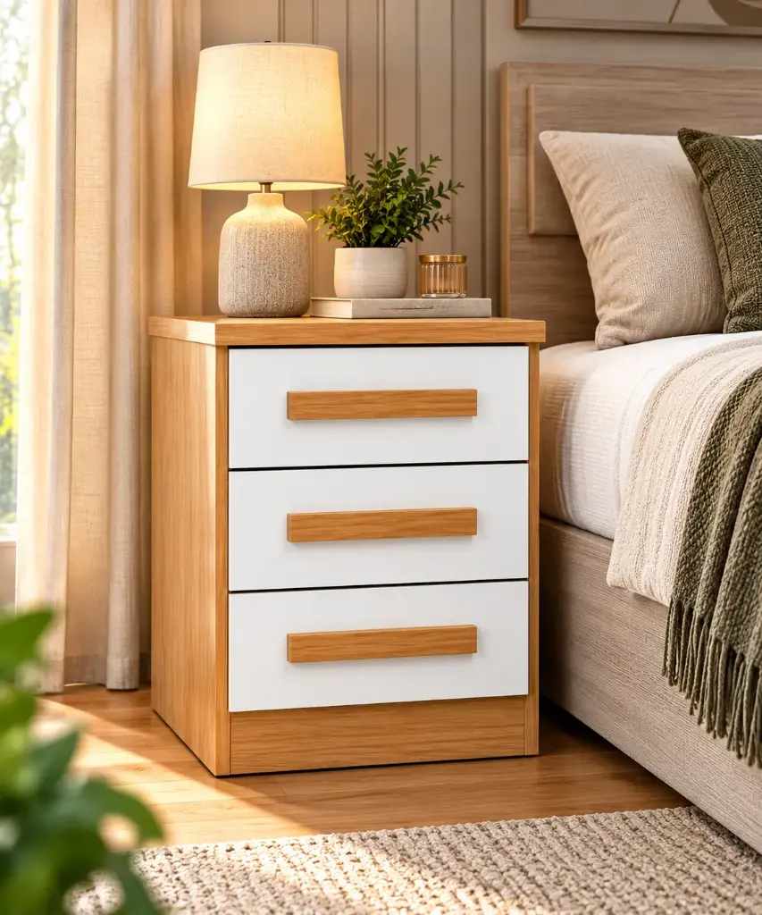 TABLE DE NUIT BAIAO 3 TIRS ALMOND CLEAN / OFF WHITE