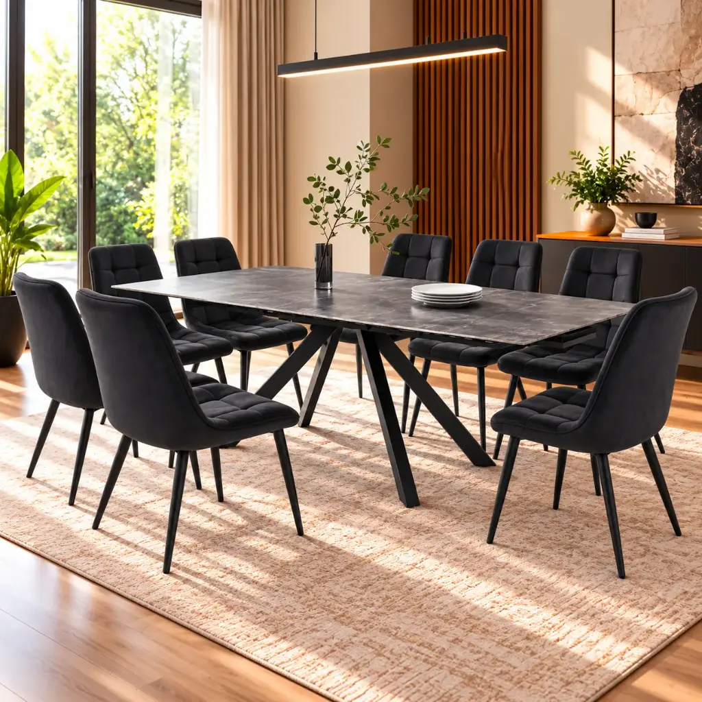 DINING TABLE CHESLEY EXTENSIBLE  RECTANGLE + 8 CHAISE DINING JULLY BLACK (31789/32209)