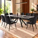 DINING TABLE CHESLEY EXTENSIBLE  RECTANGLE + 8 CHAISE DINING JULLY BLACK (31786/32209)