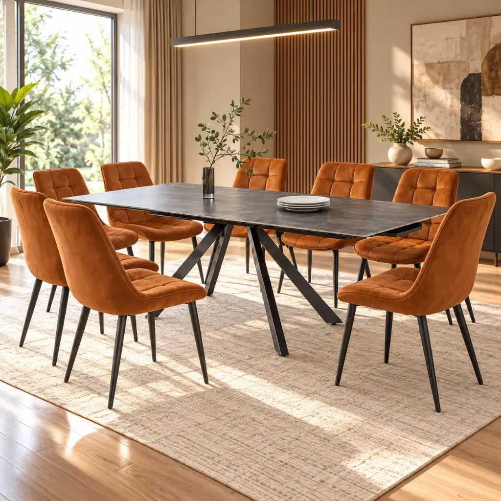 DINING TABLE CHESLEY EXTENSIBLE  RECTANGLE + 8 CHAISE DINING HALSBURY RUSTIC (31786/32208)