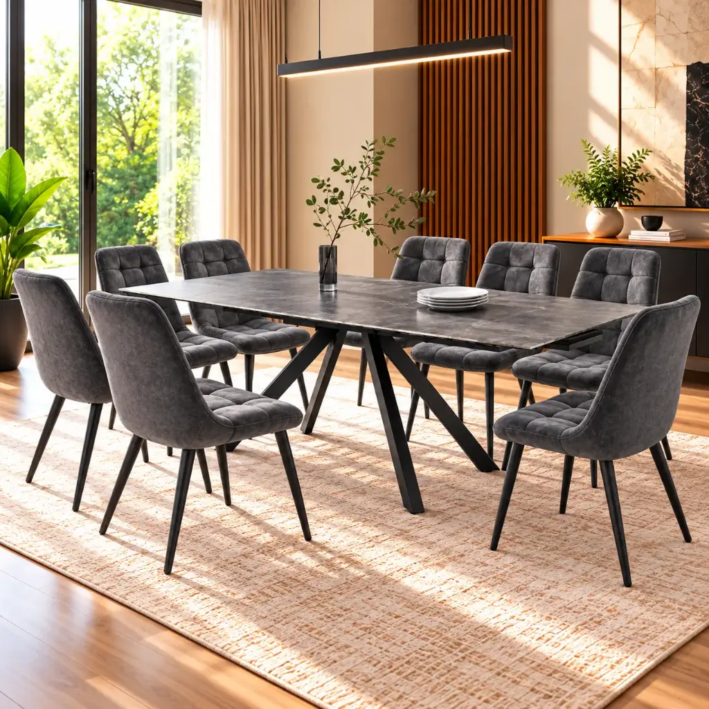 DINING TABLE CHESLEY EXTENSIBLE  RECTANGLE + 8 CHAISE DINING HALSBURY DARK GREY (31786/32207)