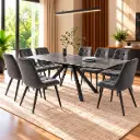 DINING TABLE CHESLEY EXTENSIBLE  RECTANGLE + 8 CHAISE DINING HALSBURY DARK GREY (31786/32207)