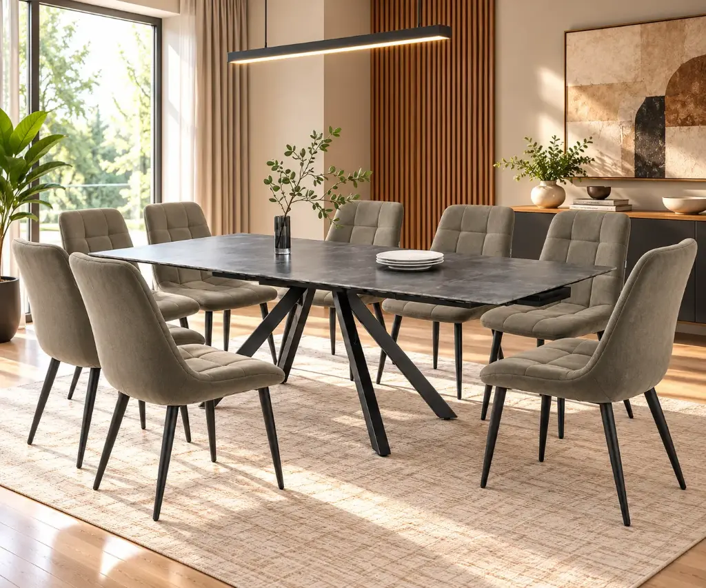 DINING TABLE CHESLEY EXTENSIBLE  RECTANGLE + 8 CHAISE DINING HAMLIN OLIVE OR 8 CHAISE DINING HAMLIN GREY (31786/32206)