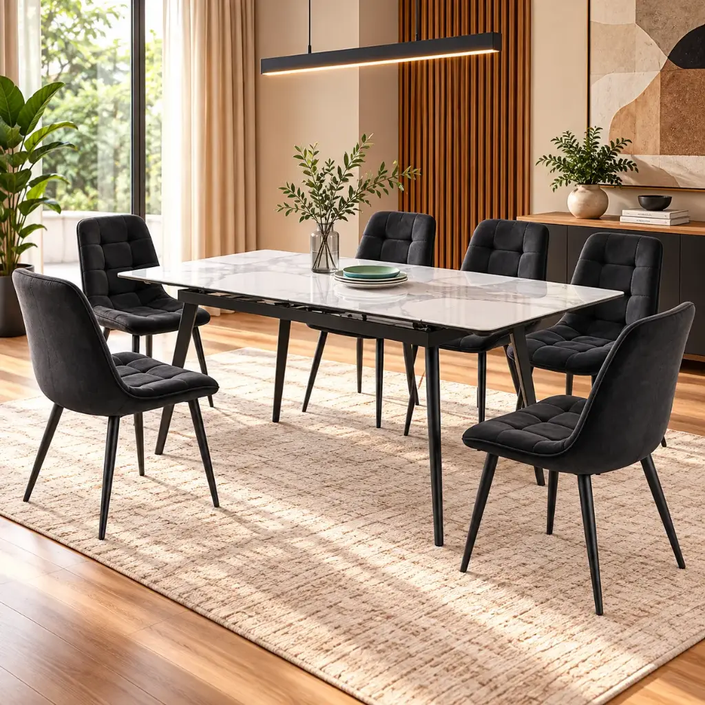 DINING TABLE VALENCY EXTENSIBLE RECTANLE + 6 CHAISE DINING JULLY BLACK (31785/32209)