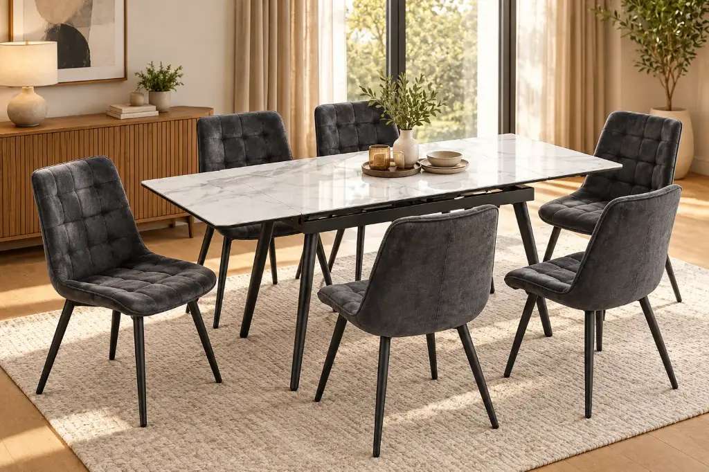 DINING TABLE VALENCY EXTENSIBLE RECTANLE + 6 CHAISE DINING HALSBURY DARK GREY  (31785/32207)
