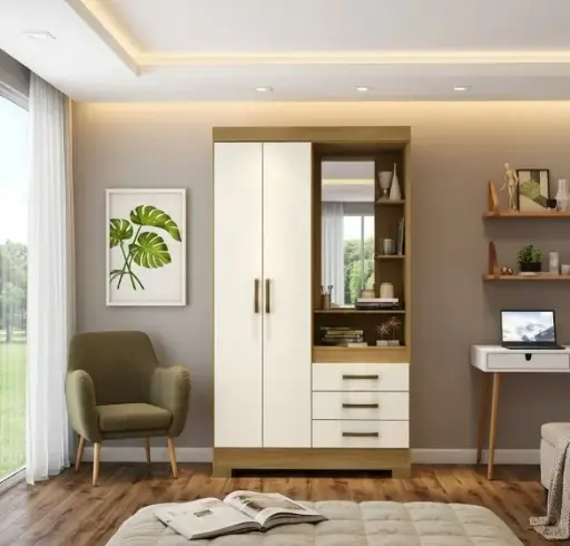 [24836] ARMOIRE EILAT REF B64-127 (2PC) 2 PTS 3TIRS + COIFF NATURE / OFF WHITE