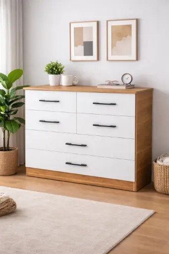 [29154] COMMODE LEON 6 TIRS LIGHT GREY HL33 LIGHT BROWN