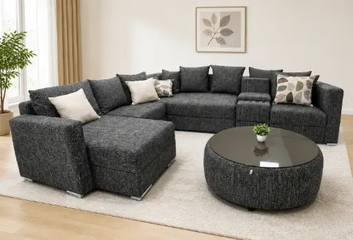 [28211] SOFA ROCHER BED LHS L SHAPE POUFF ZS 2022A-10 GREY