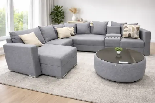 [29675] SOFA ROCHER BED LHS L SHAPE POUFF/CUPHOLDER/15 CHS(9 L/4 M/2 S) LIGHT GREY REF WIN 18