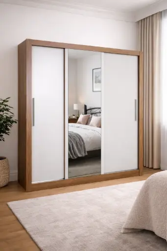 [29939] ARMOIRE SANTIAGO (2PC) SLIDING 3PTS SPACE FOR 2 DRAWERS + 1 MIRROR HONEY/OFF/CACAO