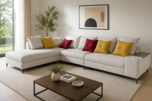 [30320] SOFA MARTINA  L SHAPE (BED LHS) CUP HOLDER/HEADREST/3SMALL CUSHION REF HZ48-6B/HQ309-22 LIGHT GREY/RED