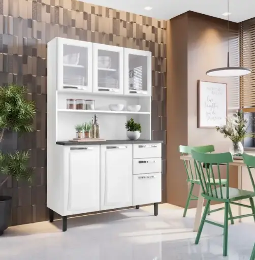 [30667] KITCHEN CABINET PRATIKA 3 GLASS DRS UP + 3 PLAIN DRS BOTTOM + 2 DRWS WHITE 