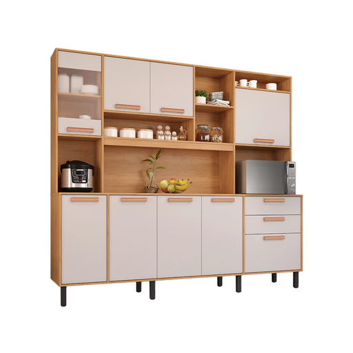 [30674] KITCHEN NAPLES CABINET 7 DRS PLAIN + 1 GLASS DR + 3 DRWS CINNAMON / OFF WHITE 