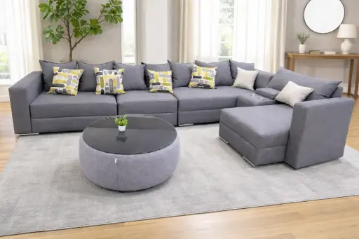 [30433] SOFA ROCHER BED RHS L SHAPE POUFF/CUPHOLDER/15 CHS(9 L/4 M/2 S) REF WIN-20 DARK GREY