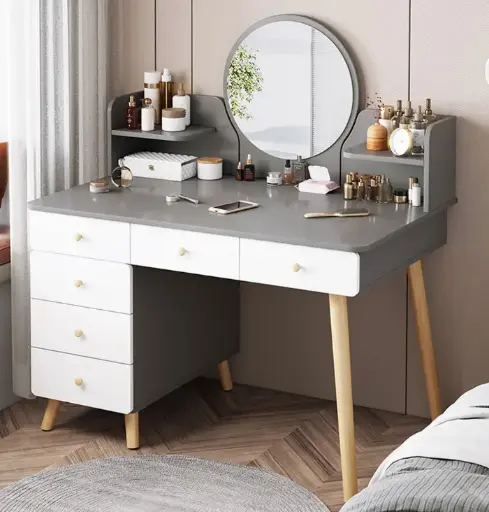 [30911] VANITY TABLE EUREKA 6 DRWS + MIRROR WHITE / GREY