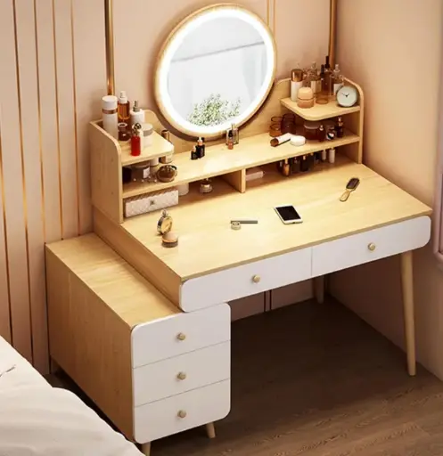 [30912] VANITY TABLE BEATTY 5 DRWS WITH LED LIGHT + MIRROR BROWN
