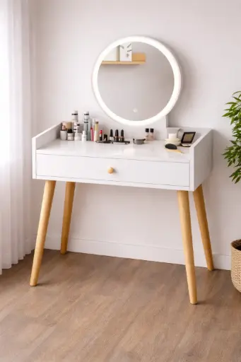 [30915] VANITY TABLE BLYTHE 1 DRW + MIRROR WHITE WITH LED LIGHT