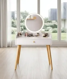 [30915] VANITY TABLE BLYTHE 1 DRW + MIRROR WHITE WITH LED LIGHT