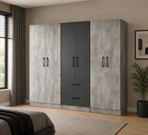[31388] ARMOIRE NANCY 6 PTS GREY TABLETTE/PENDERIE DRAWERS