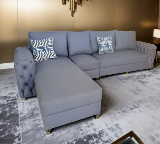 [31400] SOFA CHESTERFIELD II LHS CORNER GREY 4 BIG /2 SMALL ABSTRACT CUSHION