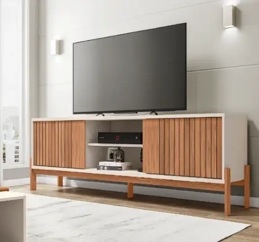 [30873] MEUBLE TV TANNEN 2 PTS SLAT SLIDING 1.8 TV 72" FREIJO/OFF WHITE 