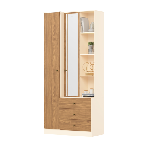 [31483] ARMOIRE DOHA  REF D331-129 1 PT PLEIN 1PT MIRROR 3 TIRS OFF WHITE / NATURE