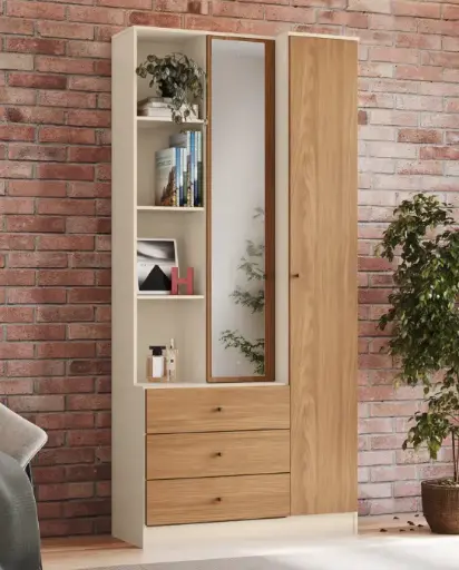 [31483] ARMOIRE DOHA  REF D331-129 1 PT PLEIN 1PT MIRROR 3 TIRS OFF WHITE / NATURE