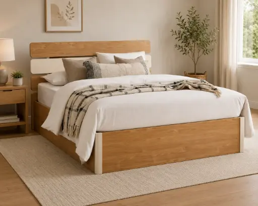 [31519] BED ESSINGTON REF DZ-19 5'0 WITH SLATS - 1.50 X 1.90M NEW BURLY WOOD / BEIGE MAT