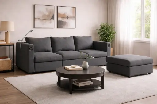 [32055] SOFA CHELSEA 3 SEATER  WITH POUFF GREY AND ACCESSORIES (PHONE HOLDER, SPEAKER, WIRELESS CHARGER, USB CHARGER)